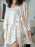 Women summer 3 piece pajama set Beige Top + Bold Floral Outline kimono & Short